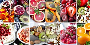 Healthy food background. Collage of different fruits and berries.