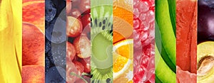 Healthy food background. Collage of fresh summer fruit in the form of vertical stripes.