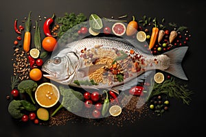 Healthy food background with fish