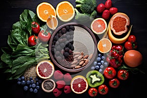 Healthy food background with fruits and vegetables on black wooden table, Healthy food selection: fruits, vegetables, berries and