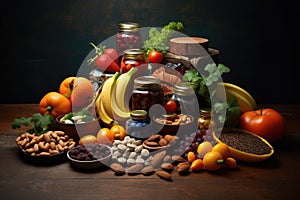 Healthy food background. Fruits and vegetables on wooden table, Composition with food products rich in niacin, AI Generated