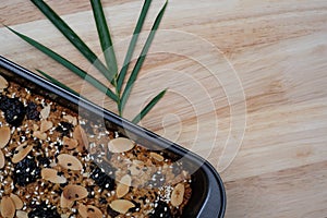 Healthy food background. Low carbohydrate diet bakery. Whole grain bread on the wooden plate for background.