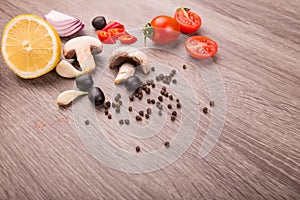 Healthy food background / studio photo of different fruits and vegetables on wooden table.