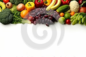 Healthy food background studio photography of different fruits and vegetables isolated on white background. Close up. Copy space.
