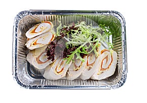 Healthy food background. Take away of natural organic meals in foil boxes