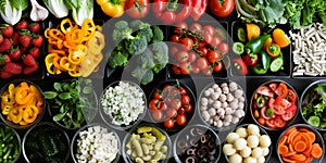 Healthy food background. Top view of various vegetables and fruits in plastic containers.
