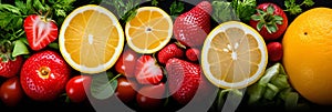 Healthy food backgrounds, five images of lemons, blueberries, raspberries, salad and oranges panoramic