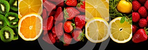 Healthy food backgrounds, five images of lemons, blueberries, raspberries, salad and oranges panoramic