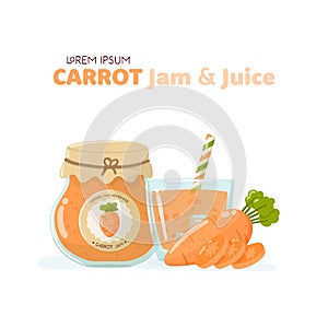 Healthy food banner with a jam jar, carrot, slices and glass with ices