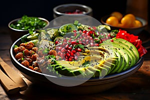 Healthy food in black bowl, with chickpeas, juicy pomegranate seeds and creamy avocado slices. Generative ai