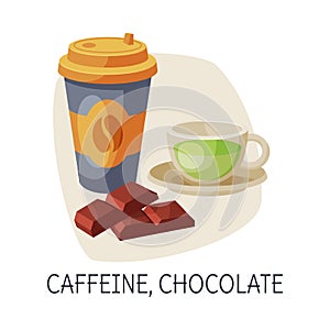 Healthy Food for Brain, Caffeine and Chocolate, Coffee and Tea Cups Vector Illustration