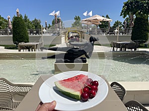 Healthy food, breakfast with fruit, watermelon and cherries