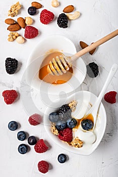 Healthy food for breakfast on a light textured background