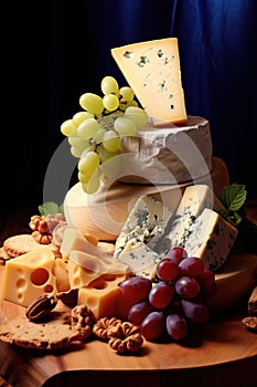 Healthy food cheese various slice gourmet brie background different dairy blue board french