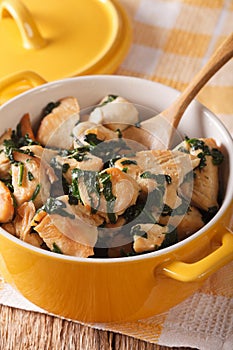 Healthy food: Chicken pieces braised with spinach in a pan close