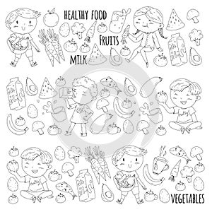 Healthy food for children. Kindergarten, school kids eating watermelon, eggplant, fish, tomato, avocado, milk, carrot