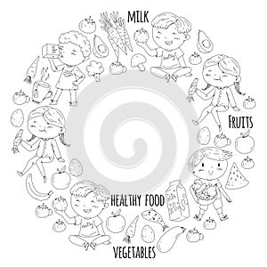 Healthy food for children. Kindergarten, school kids eating watermelon, eggplant, fish, tomato, avocado, milk, carrot