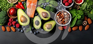 Healthy food clean eating selection fish, fruit, nuts, vegetable, seeds, superfood, cereals, leaf vegetable