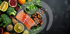 Healthy food clean eating selection fish, fruit, nuts, vegetable, seeds, superfood, cereals, leaf vegetable
