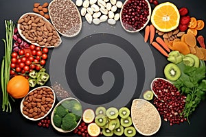 Healthy food clean eating selection. fruit, vegetable, legumes, superfoods on black background