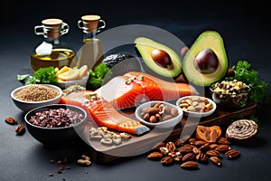 Healthy food clean eating selection salmon, avocado, nuts, seeds, omega 3, flaxseed oil on black background, Selection of healthy