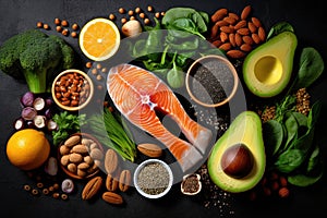 Healthy food clean eating selection. Salmon, avocado, spinach, nuts, seeds, superfoods on black background. Top view, Selection of