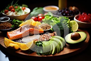 Healthy food clean eating selection: salmon, avocado, tomatoes, cucumbers, broccoli, olive oil, herbs, spices. Balanced diet, A