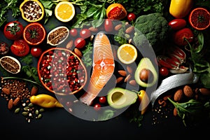 Healthy food clean eating selection: salmon, tomatoes, avocado, spinach, seeds, seeds, nuts on black background, Healthy food