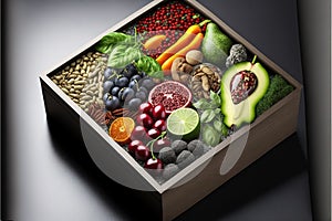 Healthy food clean eating selection in wooden box: fruit, vegetable, seeds, superfood, cereals, leaf vegetable on gray concrete