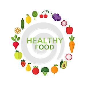 Healthy food concept. Diet and organic food template with flat fruits, vegetables and copyspace. Fresh vegetables and