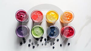 Healthy Food Concept, Different Fruit and Vegetables Juices Smoothie in Glasses top view copy space. Generative AI