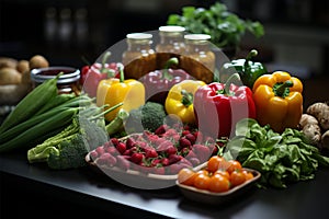 Healthy food concept embodied by fresh vegetables and fruits on an office desk