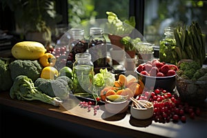 Healthy food concept embodied by fresh vegetables and fruits on an office desk