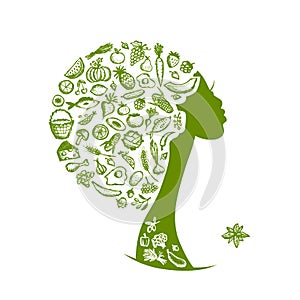 Healthy food concept, female head with vegetables