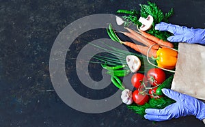 Healthy food concept with fresh vegetables and gloved hands on a dark background: tomato, zucchini, onion, lettuce, dill