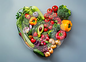 Healthy food concept of fresh vegetables in heart shape on gray background