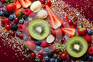 Healthy food concept, fruits and berries. Close-up top view photography, balanced diet nutrient-rich. Generative AI