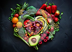 Healthy food concept for heart. Vegan healthy snacking diet heart shape in fresh and ripe food