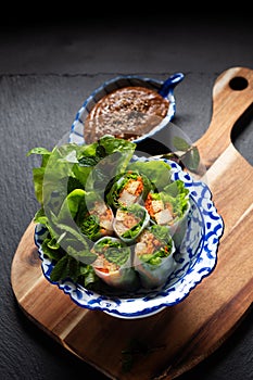 Healthy food concept Homemade vegan Tofu summer rolls or spring roll with peanut dipping sauce on black background with copt space