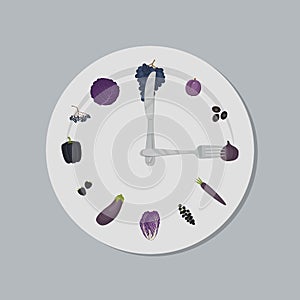 Healthy food concept. Plate with purple vegetables and fruits, knife and fork in shape of clock hands
