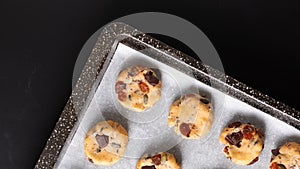 Healthy food concept raw dougn of Homemade Trail Mix organic Whole grains Energy cookies in baking pan with copy space