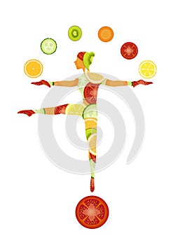 Healthy food concept, slim girl silhouette created from vegetable and fruits balancing and juggles with fruits and photo
