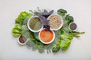 Healthy food concept. Source of protein for vegetarians. Balanced diet top view.