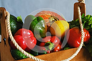 Healthy food concept. Various fresh vegetables in wooden box. Organic vegetarian food.