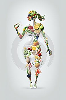 Healthy food concept. Woman body mead of fruits and vegetables