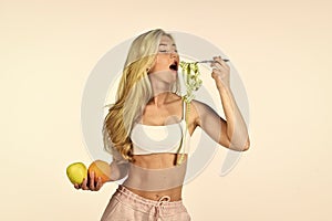 Healthy food cooking. fit girl with slim body shapes. fruit vitamin diet. sport and fitness. healthy eating lifestyle