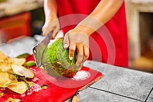 Healthy Food. Cutting Green Young Coconut. Vitamin Drinks. Diet.