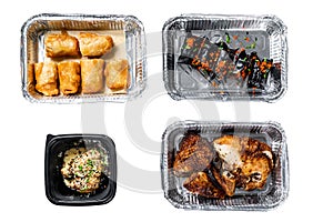 Healthy food and diet concept, restaurant dish delivery. Take away. Asian cuisine, dumplings, spring rolls, dim sum