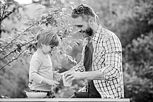 Healthy food and dieting. Dairy products. happy fathers day. Little boy with dad have breakfast. childhood. Baby food