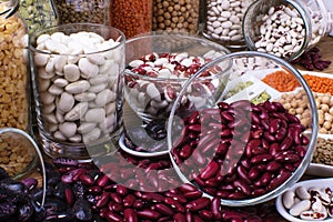 Healthy food, dieting, nutrition concept, vegan protein source. Assortment of colorful legumes